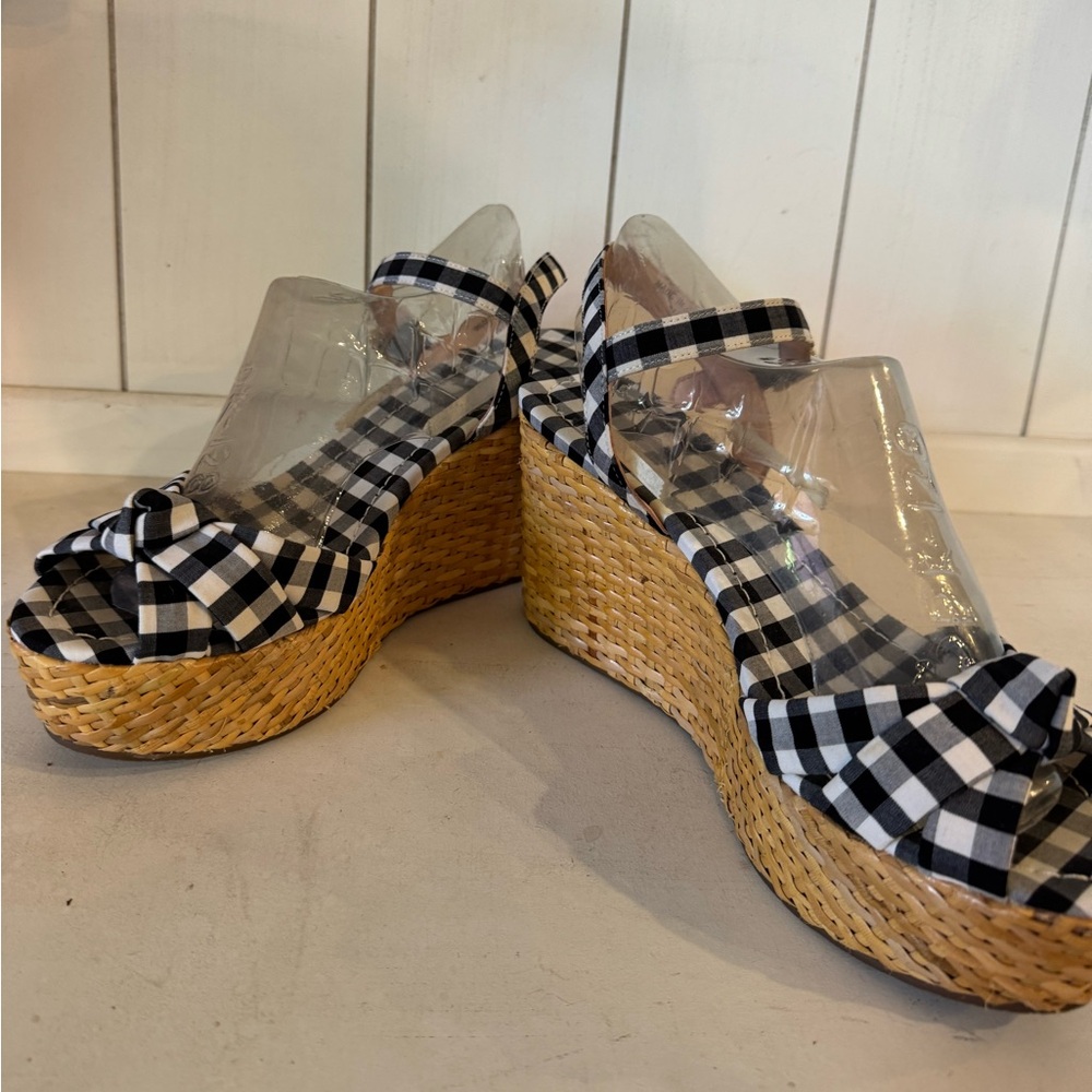 Black and White Gingham Wedge Sandals